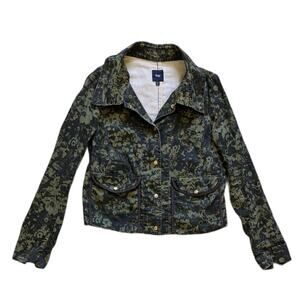 Gap Utility Jacket Olive Green Floral Camo Print XS Cotton Drawstring